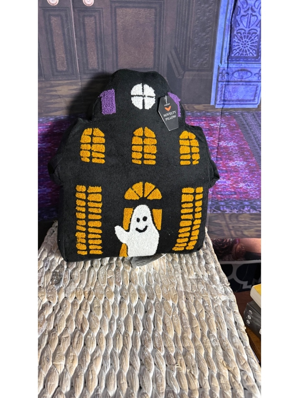 Halloween Haunted House Embroidered Pillow 13”x 11” Haunted House Black Orange